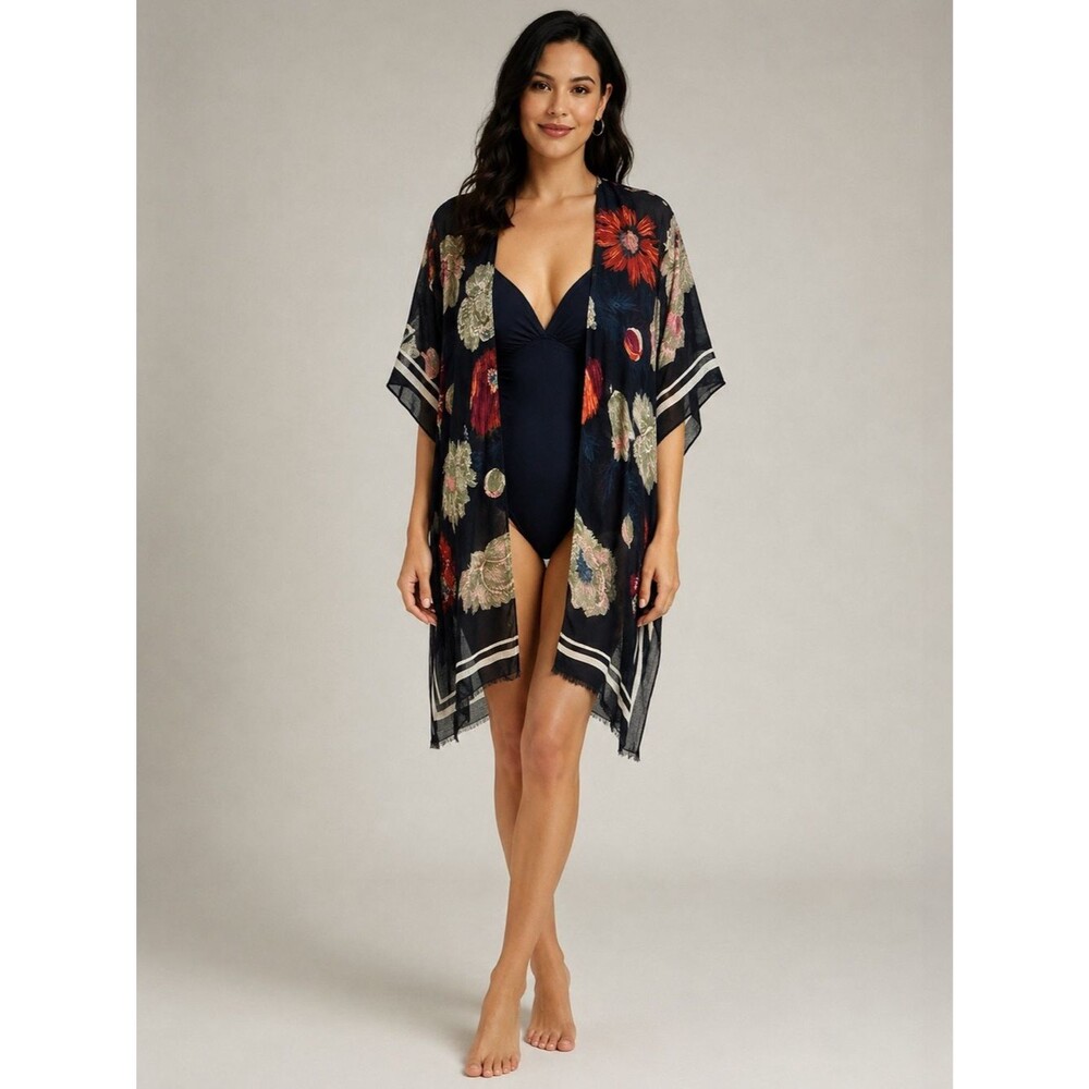 Boho Hippe Swim Cover Kimono Shawl  Blue Floral